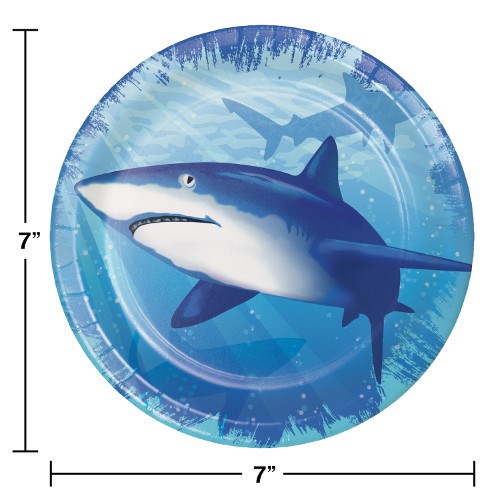Round paper plate with a blue shark design and ocean background, 7 inches wide.