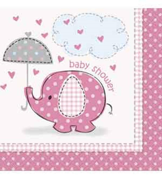 Pink napkin with a polka dot elephant holding a grey umbrella, surrounded by clouds and hearts, baby shower text.