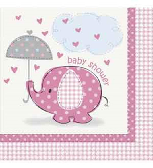 Pink elephant with polka dots holding a gray umbrella with pink hearts on white napkin.