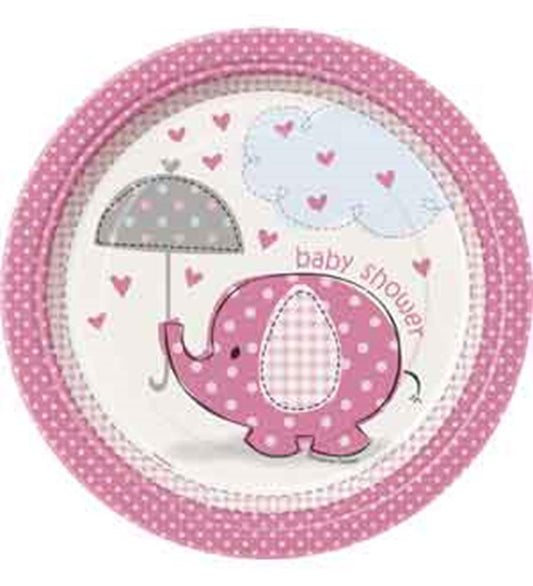 Pink 7-inch paper plate with polka dot border featuring a pink elephant holding an umbrella under a cloud and hearts, with.