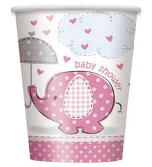 Pink polka dot elephant cup with umbrella and heart accents for baby shower.