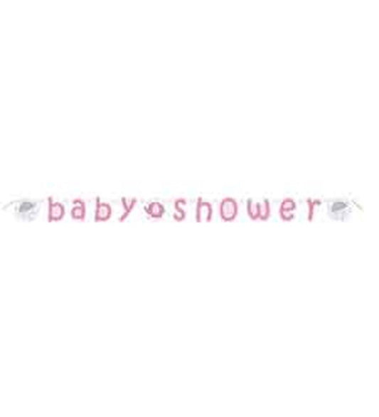 Pink jointed banner spelling "baby shower" with small decorative elephant shapes on each end.