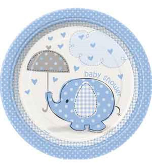 Blue polka dot 7-inch paper plate with cute blue elephant holding umbrella and baby shower text.