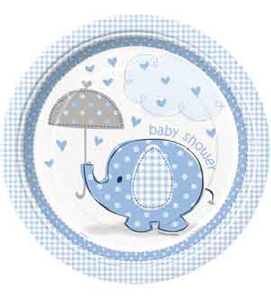 Blue 9-inch round paper plate with a cute blue polka-dot elephant holding a gray umbrella, surrounded by small hearts and a.