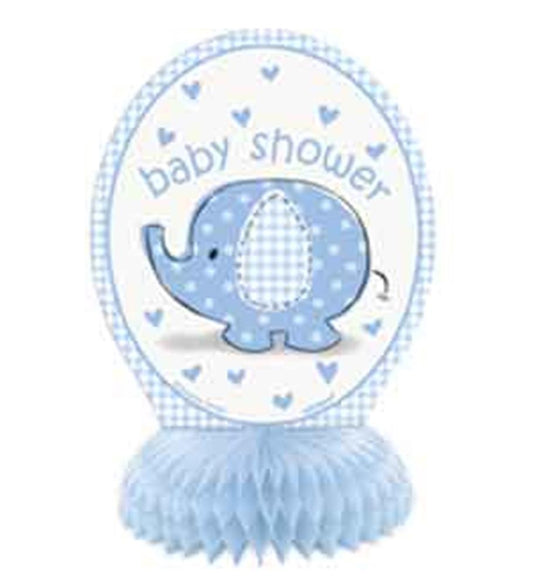 Blue paper honeycomb decoration with a smiling elephant and "baby shower" text surrounded by blue hearts.