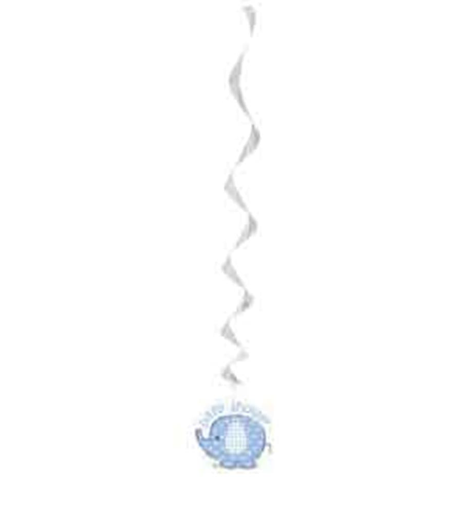Blue swirl hanging decoration with a cute elephant silhouette and "It's a boy!" text, three-pack.