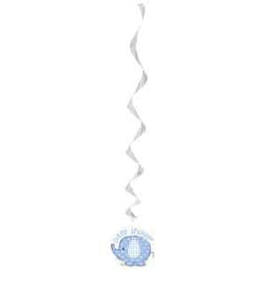 Blue swirl hanging decoration with a cute elephant silhouette and "It's a boy!" text, three-pack.