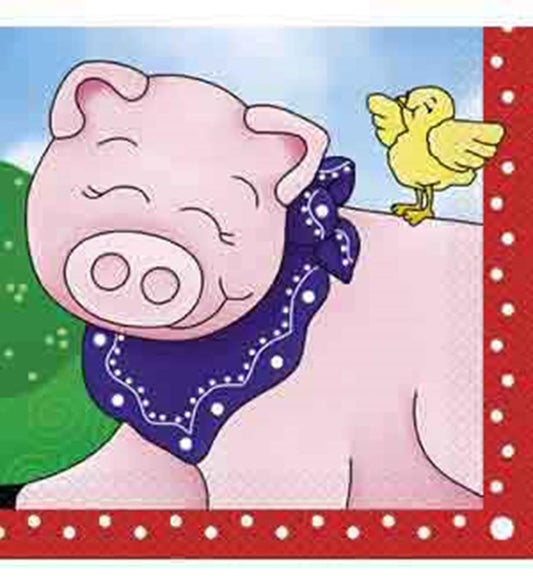 Pink pig with navy blue bandana and yellow chick on red background with white polka dots napkin corner.