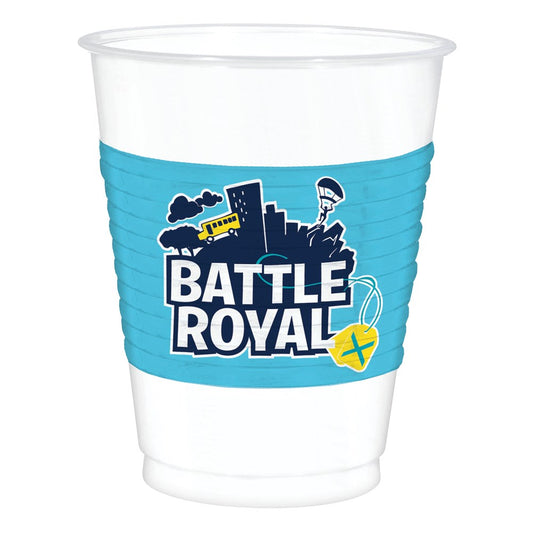 Clear plastic party cup with blue superhero-themed sleeve featuring a castle, airplane, parachute, and "Battle Royal" text.