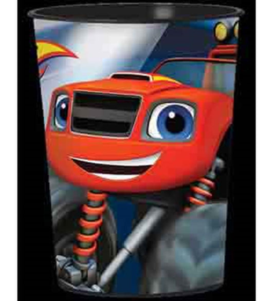 Red Blaze Monster Machines character with blue eyes and smiling face on black 16oz cup.