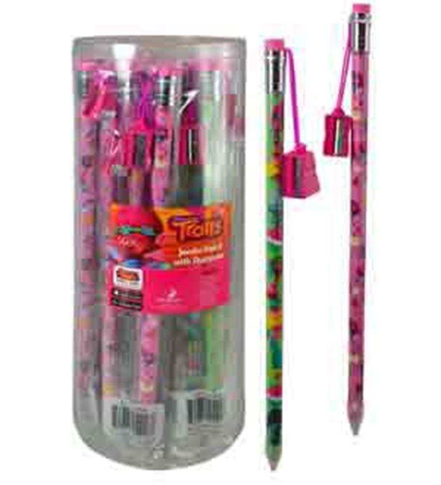 Set of jumbo pink pencils featuring Trolls characters with attached pink sharpeners.
