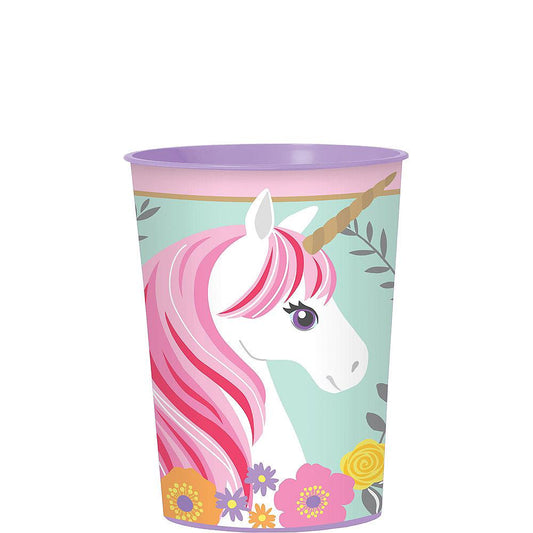 16oz pastel blue plastic cup with pink unicorn and floral design, gold horn detail, lavender rim.