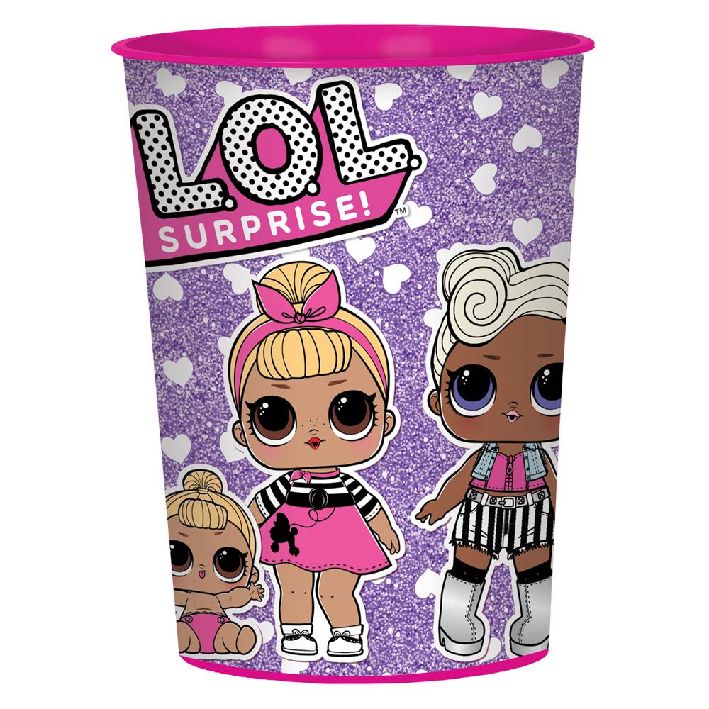Purple LOL Surprise favor cup featuring three LOL dolls with glittery heart background.
