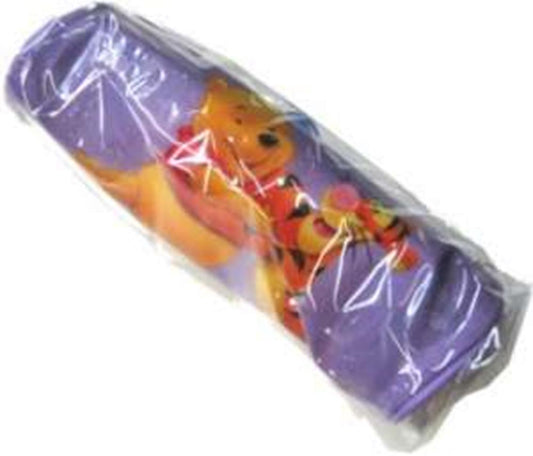 Purple cylindrical pencil case featuring Winnie the Pooh and Tigger with a handle.