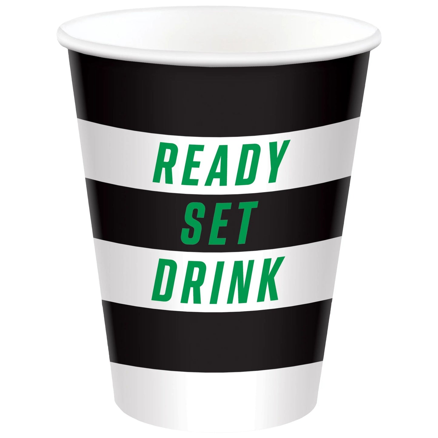 12oz paper cup with black and white stripes and green text reading Ready Set Drink.