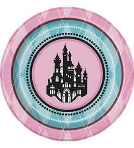 Small round paper plate with pink and blue borders and a black silhouette of a fairytale castle in the center.