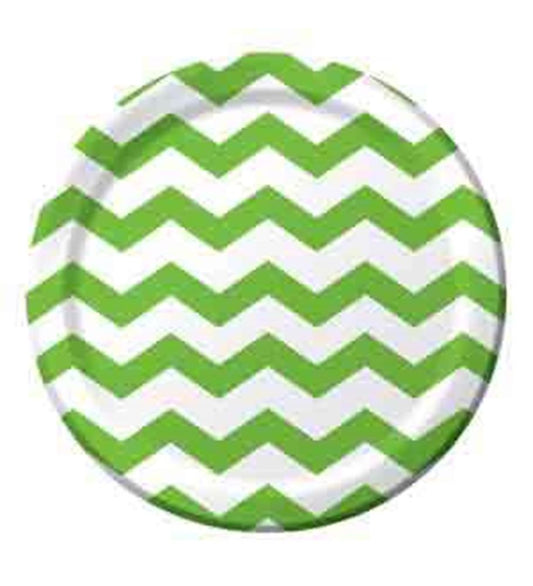 9-inch round plate with bright green chevron stripes and white background.