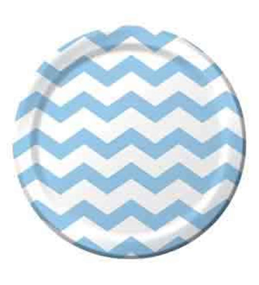 Round 9-inch plate with pastel blue and white chevron pattern and slightly raised edge.