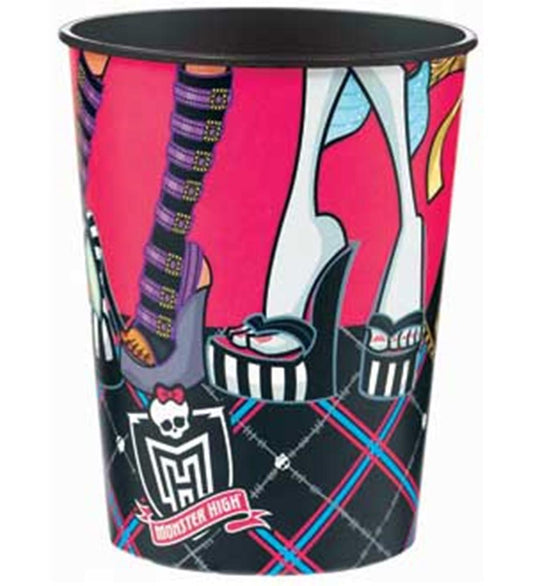 16oz Monster High favor cup with black interior, plaid pattern, and character shoe designs.