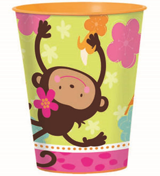 Colorful paper party cup with a playful monkey holding a flower on a green background with pink and orange flowers.