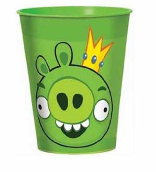 Green plastic cup featuring a smiling cartoon pig wearing a yellow crown from Angry Birds, 16oz capacity.