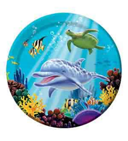 Round 9-inch disposable plate with colorful ocean scene featuring dolphins, sea turtles, and coral reefs.