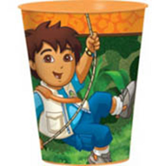 16oz orange plastic cup featuring a cartoon boy climbing with a rope in a jungle setting.