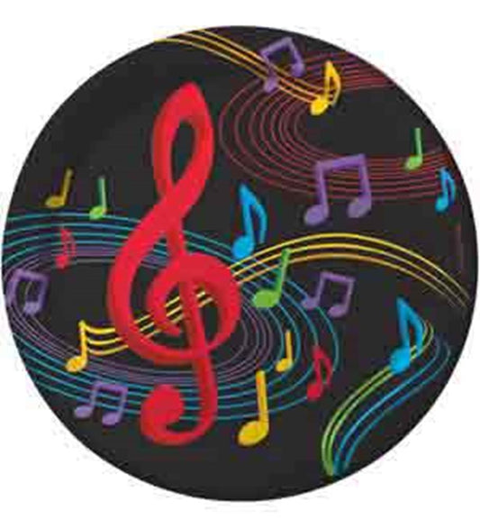 Black round plate with colorful musical notes and a large red treble clef design.
