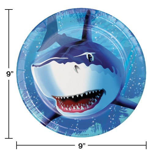 Round paper plate with a large, detailed shark face design on a blue ocean background, 9 inches across.