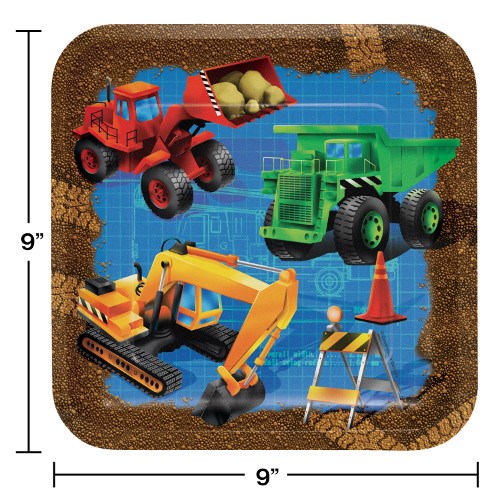 Square kids party plate with red loader, green dump truck, yellow excavator, and construction cones on dirt background.