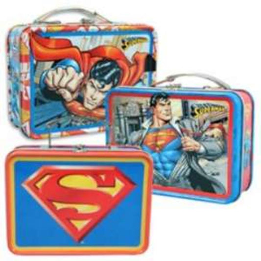 Small rectangular tin lunchbox set featuring classic Superman comic artwork in bright red, blue, and yellow colors with a.
