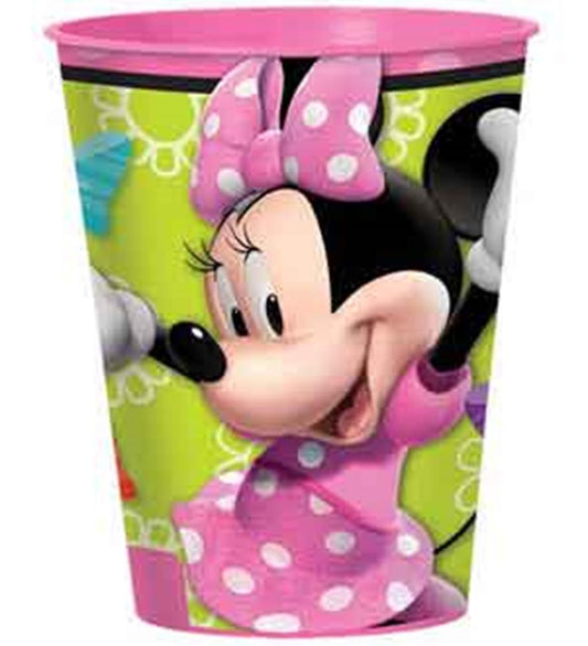 16oz plastic cup featuring Minnie Mouse in a pink polka-dot dress and bow on a lime green background.