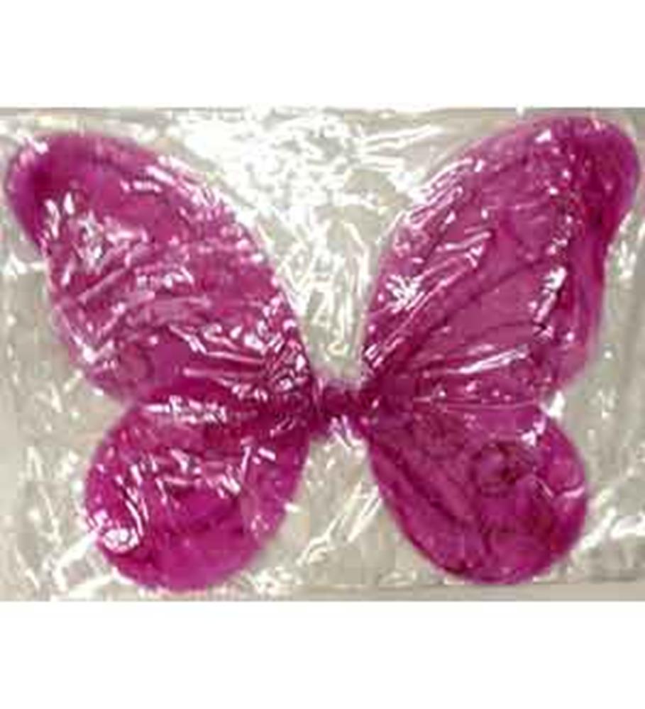 Fuchsia butterfly-shaped wings with textured fabric, 18x14 inches, packaged in clear plastic.