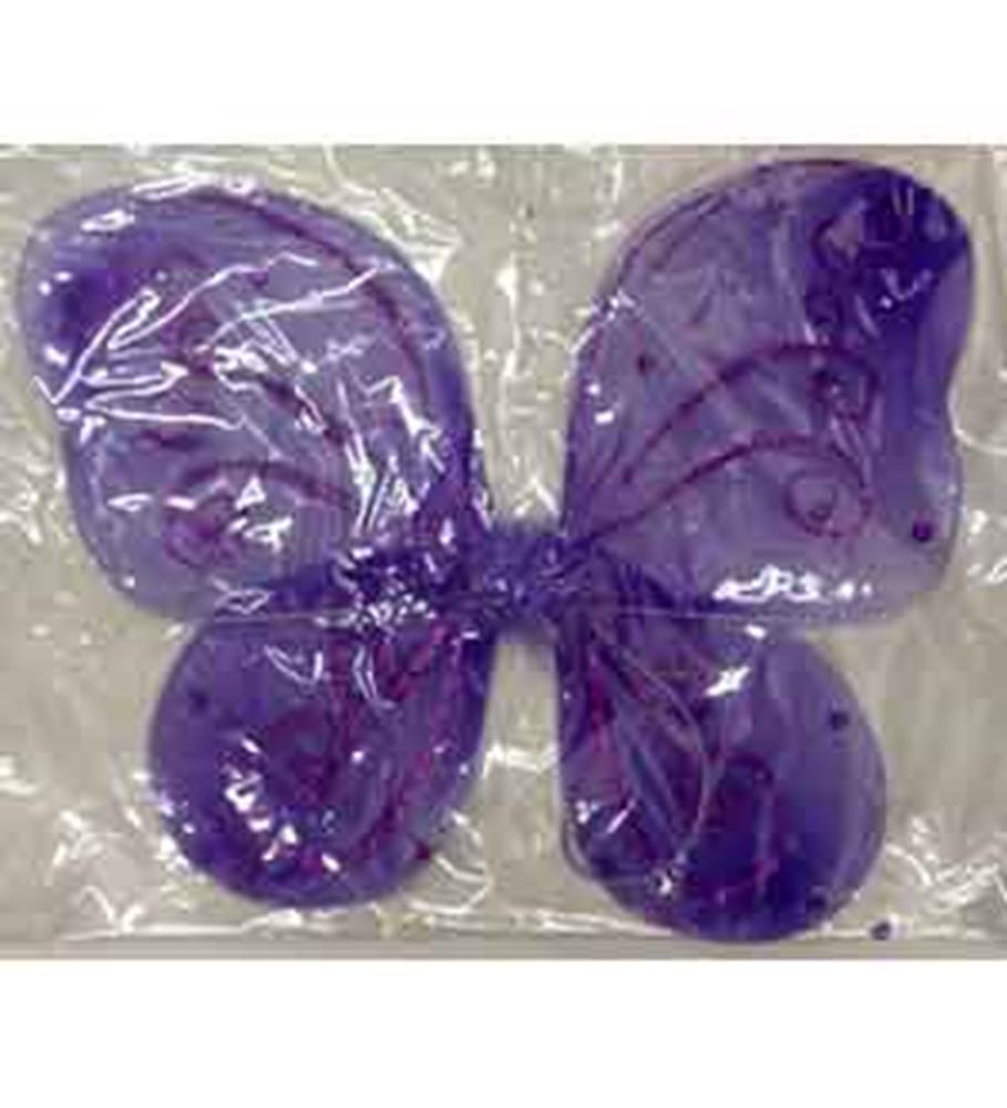 Purple translucent butterfly wings with glittery accents, made of sheer fabric, sealed in plastic packaging.