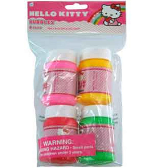 Four small Hello Kitty bubble containers in pink, yellow, white, and green caps, packaged in clear plastic.