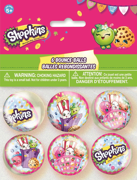 Six colorful round bounce balls featuring various playful Shopkins characters and logos on a pink and yellow background.