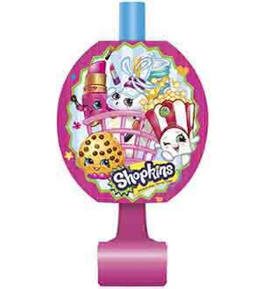 Pink party blower with blue mouthpiece featuring colorful Shopkins characters and logo on the front.