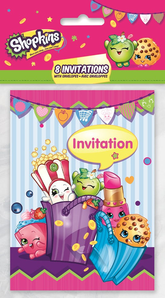 Colorful Shopkins-themed birthday invitations with cartoon characters and festive bunting design, pack of 8.