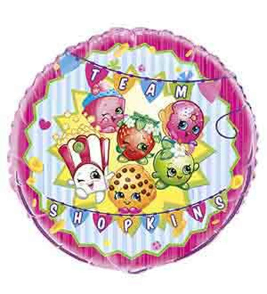 Round foil balloon with colorful Shopkins characters on a striped background, pink scalloped edge, and "Team Shopkins".