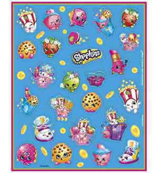 Blue sticker sheet featuring colorful cartoon Shopkins characters shaped like food items, desserts, and accessories.