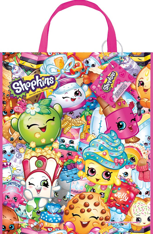 Colorful Shopkins-themed tote bag with pink handles, featuring vibrant cartoon food characters on a multicolored background.