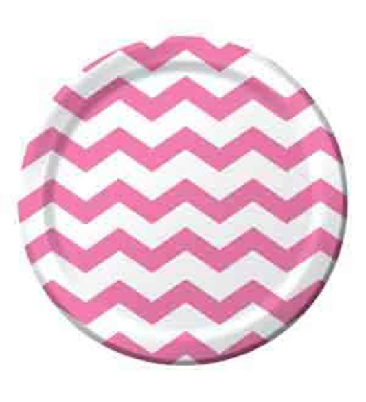 Large round plate with candy pink and white chevron pattern, glossy finish.