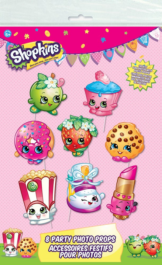 Colorful Shopkins-themed photo props featuring seven cartoon food characters and one lipstick, with bright pink, blue,.