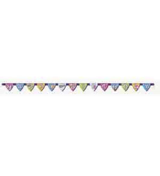 Colorful Shopkins-themed triangular pennant banner with characters and letters spelling "Happy Birthday".