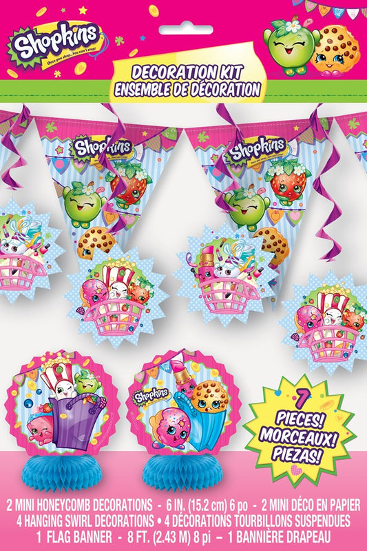 Shopkins 7-piece decor kit with colorful cupcake and character-themed hanging decorations and paper hanging swirls in pink.