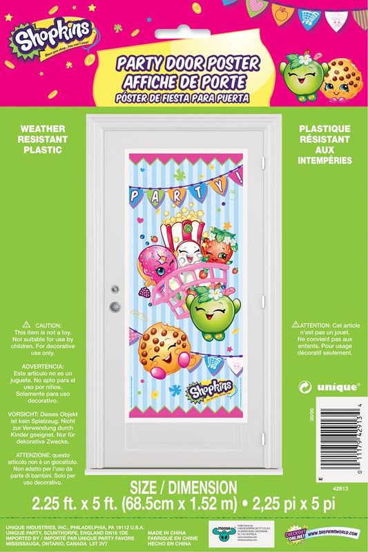 Colorful Shopkins-themed party door poster with characters on a striped blue background and festive bunting designs.
