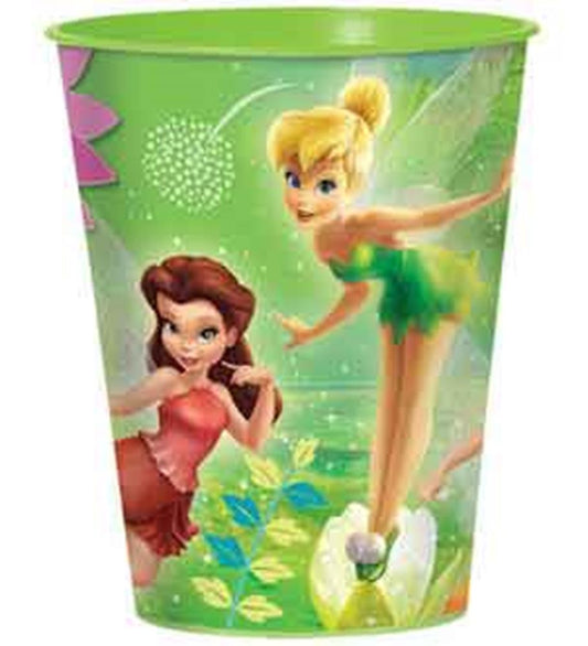 Green 16oz plastic cup with colorful Tinkerbell and fairy design for kids party favors.