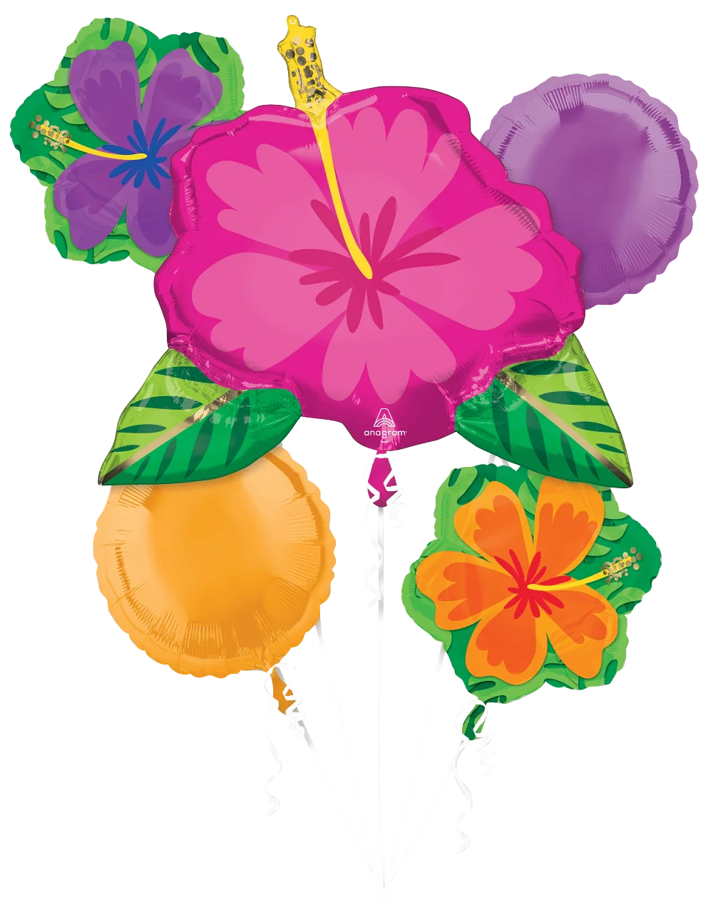 Bouquet of five foil balloons with large pink and orange hibiscus flowers, green leaves, and solid purple and orange round.