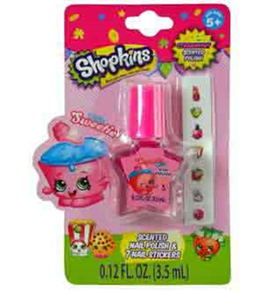 Shopkins scented pink nail polish bottle with cartoon cupcake character and stickers on colorful backing card.