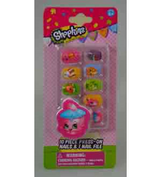 Set of 10 colorful Shopkins-themed press-on nails with cartoon character designs on a bright pink backing card.